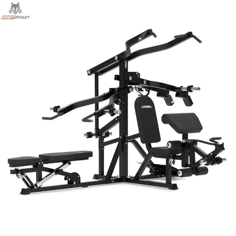 Titanium Strength Multigym Hebel LG3: Schrägansicht mit Hantelbank, Presshebeln und Beinstation, in Schwarz