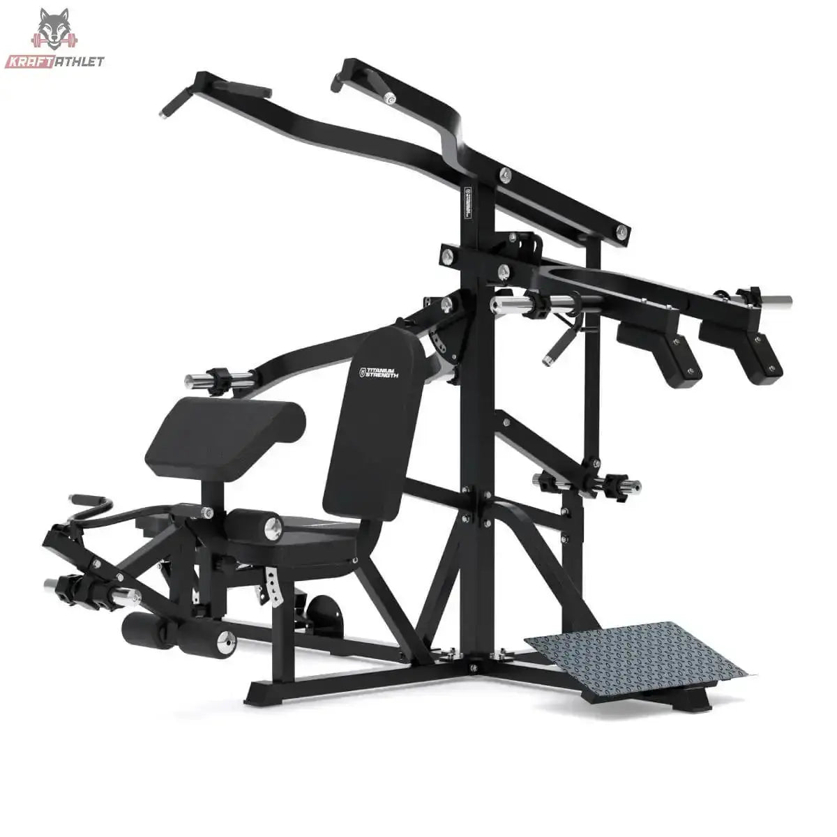 Titanium Strength Multigym Hebel LG3: Schrägansicht von rechts mit Wadenplattform, in Schwarz