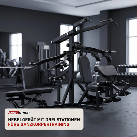 Titanium Strength Multigym Hebel LG3 in einem fertig eingerichteten Studio mit dunklen Wänden und Gummiboden