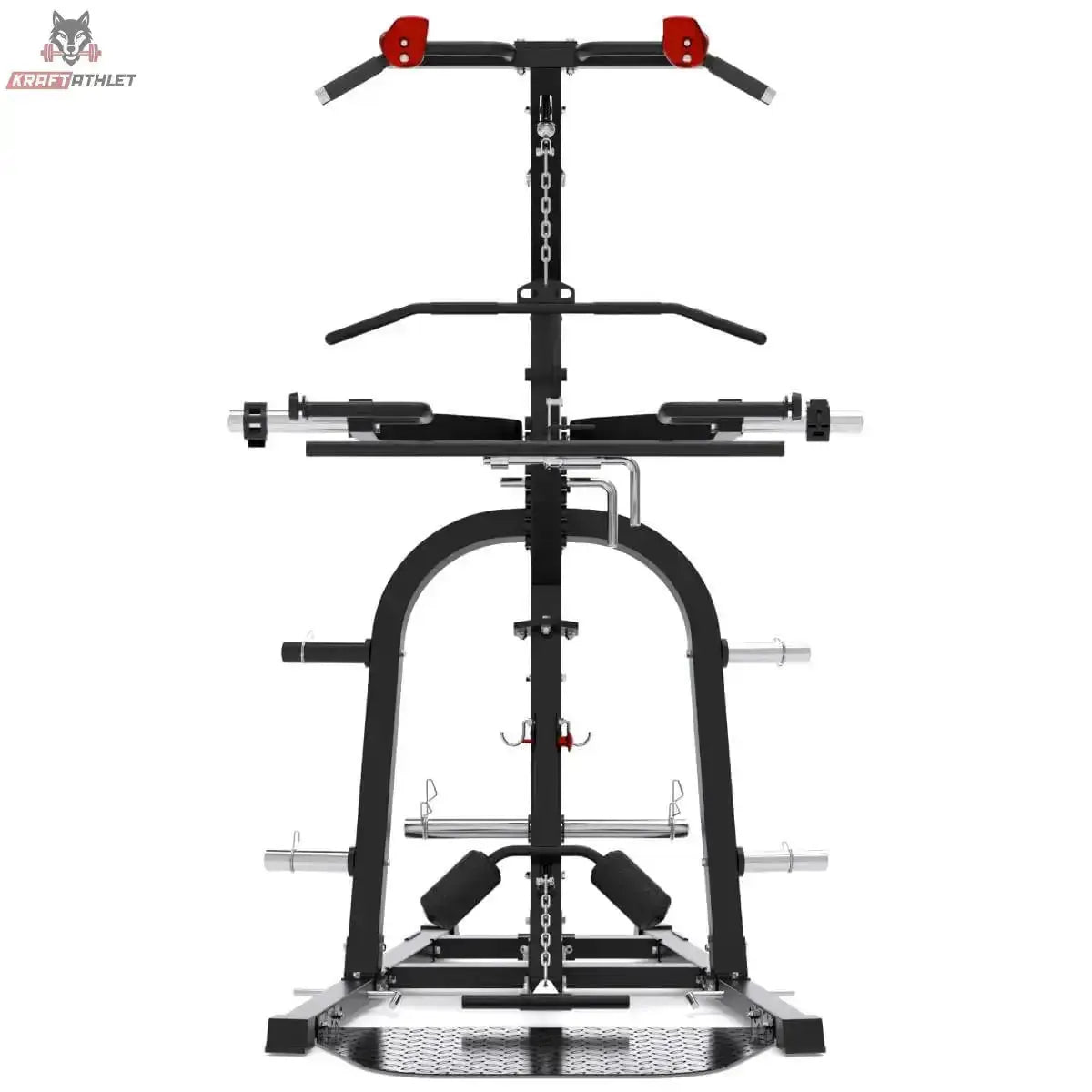Titanium Strength Multigym Hebel LGX – Frontansicht mit Klimmzuggriffen, Beinstrecker und Scheibenhaltern