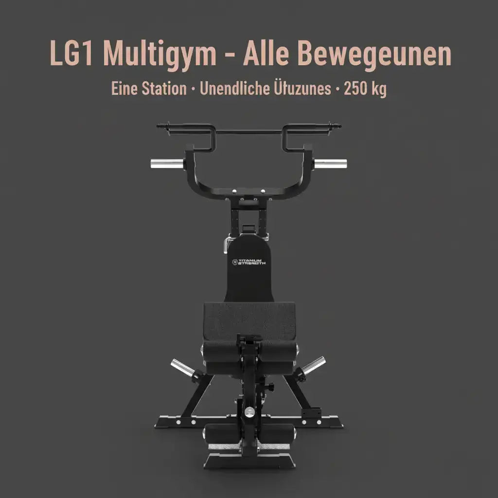 Titanium Strength Multigym Hebelmaschine LG1 – Grafik zur Station mit Frontansicht auf dunklem Grund