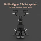 Titanium Strength Multigym Hebelmaschine LG1 – Grafik zur Station mit Frontansicht auf dunklem Grund