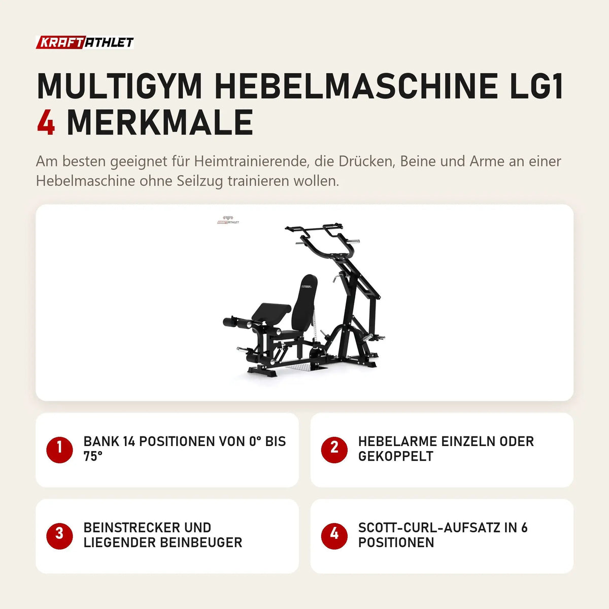 Titanium Strength Multigym Hebelmaschine LG1 mit 4 Merkmalen: Bank 14 Positionen von 0° bis 75°, Hebelarme einzeln oder gekoppelt, Beinstrecker und liegender Beinbeuger, Scott-Curl-Aufsatz in 6 Positionen