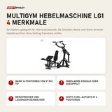Titanium Strength Multigym Hebelmaschine LG1 mit 4 Merkmalen: Bank 14 Positionen von 0° bis 75°, Hebelarme einzeln oder gekoppelt, Beinstrecker und liegender Beinbeuger, Scott-Curl-Aufsatz in 6 Positionen