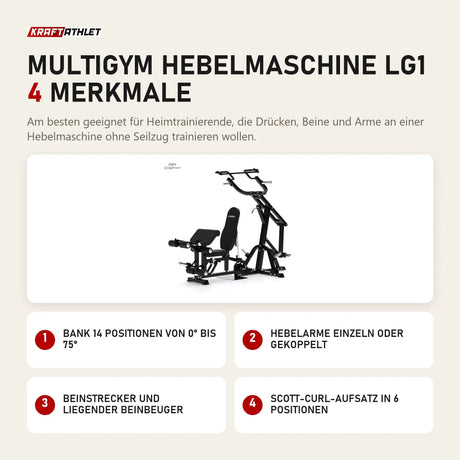 Titanium Strength Multigym Hebelmaschine LG1 mit 4 Merkmalen: Bank 14 Positionen von 0° bis 75°, Hebelarme einzeln oder gekoppelt, Beinstrecker und liegender Beinbeuger, Scott-Curl-Aufsatz in 6 Positionen