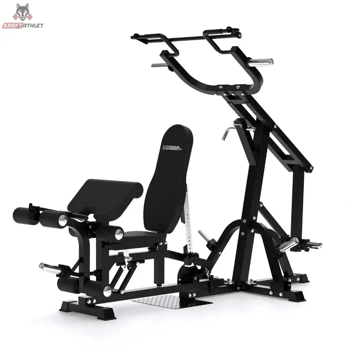 Titanium Strength Multigym Hebelmaschine LG1 – Schrägansicht mit Bank, Beinmodul und Hebelarm