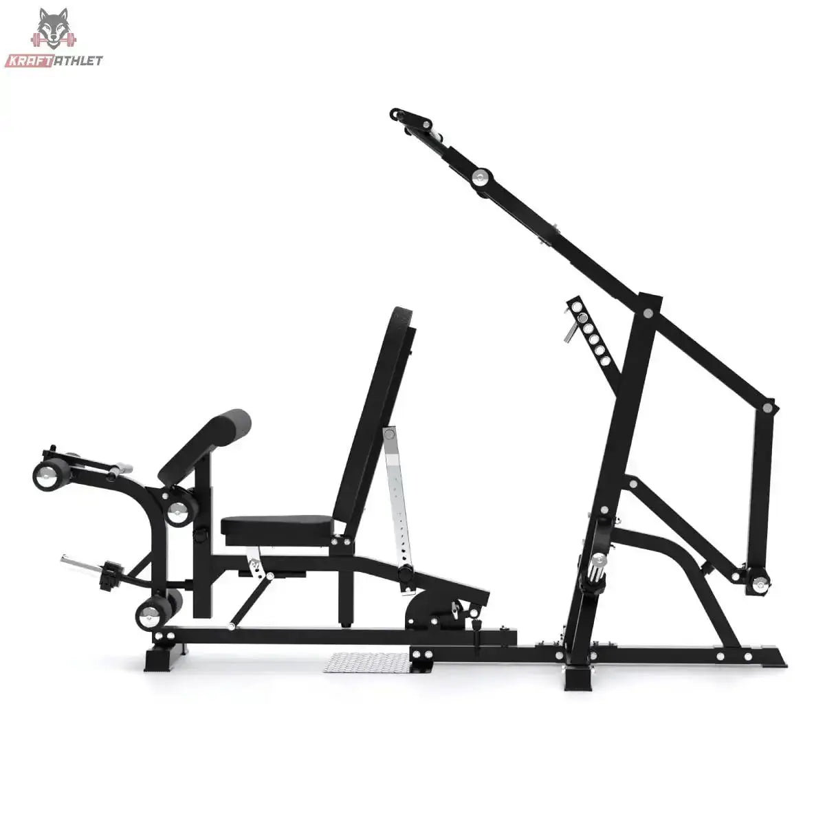 Titanium Strength Multigym Hebelmaschine LG1 – Seitenansicht mit langem Hebelarm und Bank