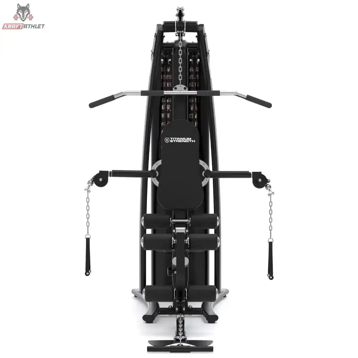 Titanium Strength Multigym MG3 in Frontansicht mit Latzugstange, Rückenpolster und Sitz