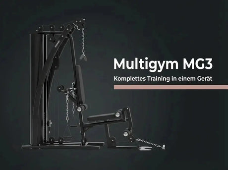 Titanium Strength Multigym MG3 als Infografik mit Seitenansicht vor dunklem Hintergrund