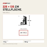 Maßbild Titanium Strength Multigym MG3: Stellfläche 225 × 135 cm, Höhe 198 cm