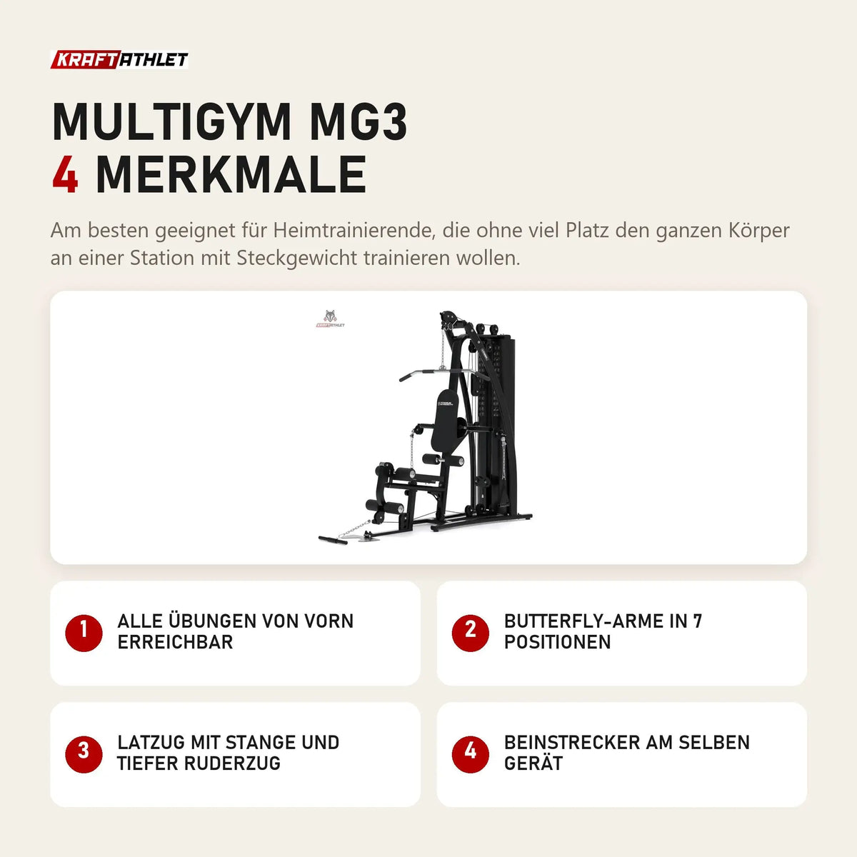 Titanium Strength Multigym MG3 mit 4 Merkmalen: Alle Übungen von vorn erreichbar, Butterfly-Arme in 7 Positionen, Latzug mit Stange und tiefer Ruderzug, Beinstrecker am selben Gerät