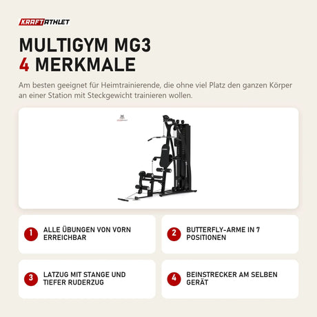 Titanium Strength Multigym MG3 mit 4 Merkmalen: Alle Übungen von vorn erreichbar, Butterfly-Arme in 7 Positionen, Latzug mit Stange und tiefer Ruderzug, Beinstrecker am selben Gerät
