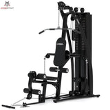 Titanium Strength Multigym MG3 in Schrägansicht von links mit Latzug, Brustpresse und Beinstrecker