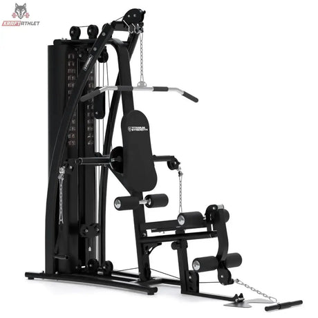 Titanium Strength Multigym MG3 in Schrägansicht von rechts mit Gewichtsstapel und Kabelzügen