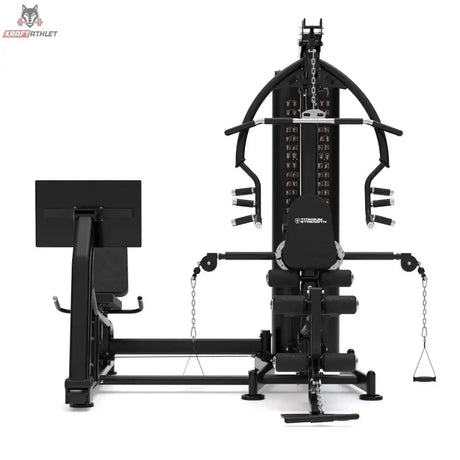 Titanium Strength Multigym MG3L mit Beinpresse in Frontansicht mit Beinpresse links und Seilzug