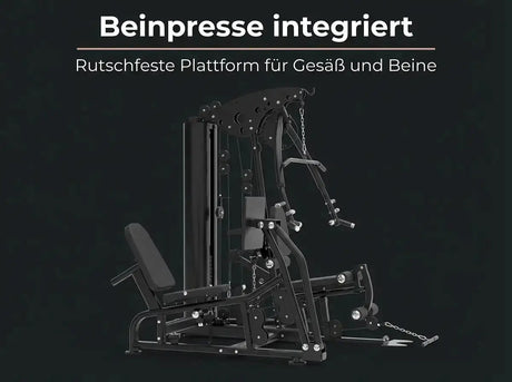 Titanium Strength Multigym MG3L mit Beinpresse auf dunkler Grafik zur integrierten Beinpresse