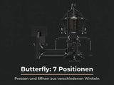 Titanium Strength Multigym MG3L mit Beinpresse auf dunkler Grafik zu den Butterfly-Positionen