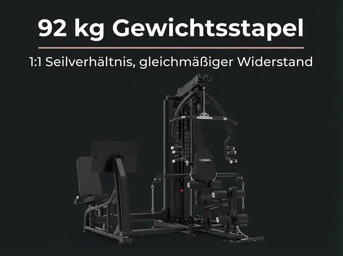 Titanium Strength Multigym MG3L mit Beinpresse auf dunkler Grafik zum Gewichtsstapel und Seilverhältnis