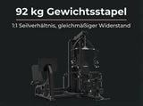 Titanium Strength Multigym MG3L mit Beinpresse auf dunkler Grafik zum Gewichtsstapel und Seilverhältnis