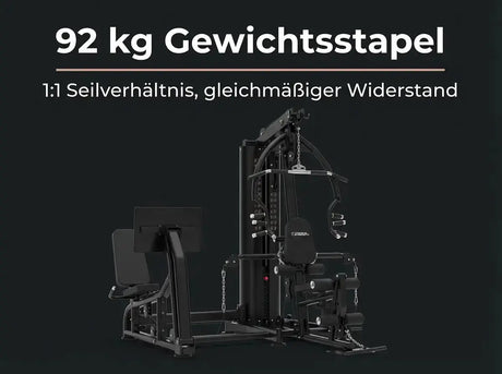 Titanium Strength Multigym MG3L mit Beinpresse auf dunkler Grafik zum Gewichtsstapel und Seilverhältnis