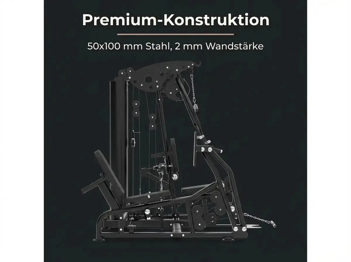 Titanium Strength Multigym MG3L mit Beinpresse auf dunkler Grafik zur Stahlkonstruktion des Rahmens