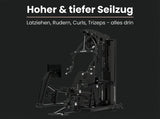 Titanium Strength Multigym MG3L mit Beinpresse auf dunkler Grafik zum hohen und tiefen Seilzug