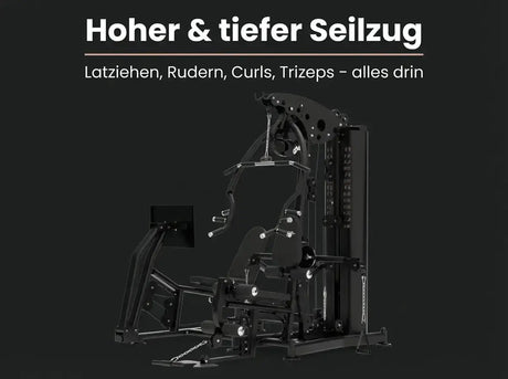 Titanium Strength Multigym MG3L mit Beinpresse auf dunkler Grafik zum hohen und tiefen Seilzug