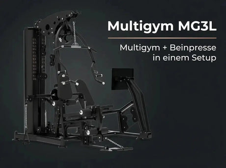 Titanium Strength Multigym MG3L mit Beinpresse auf dunkler Grafik mit Hinweis auf Multigym und Beinpresse
