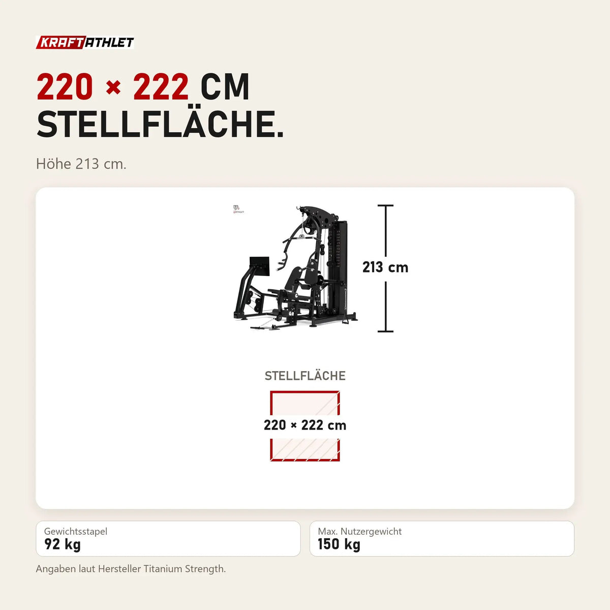 Maßbild Titanium Strength Multigym MG3L mit Beinpresse: Stellfläche 220 × 222 cm, Höhe 213 cm