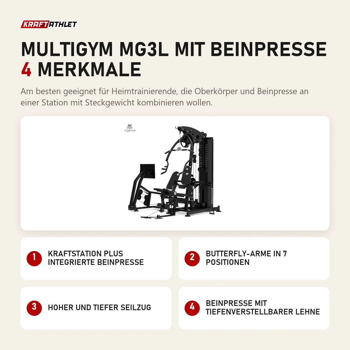 Titanium Strength Multigym MG3L mit Beinpresse mit 4 Merkmalen: Kraftstation plus integrierte Beinpresse, Butterfly-Arme in 7 Positionen, Hoher und tiefer Seilzug, Beinpresse mit tiefenverstellbarer Lehne