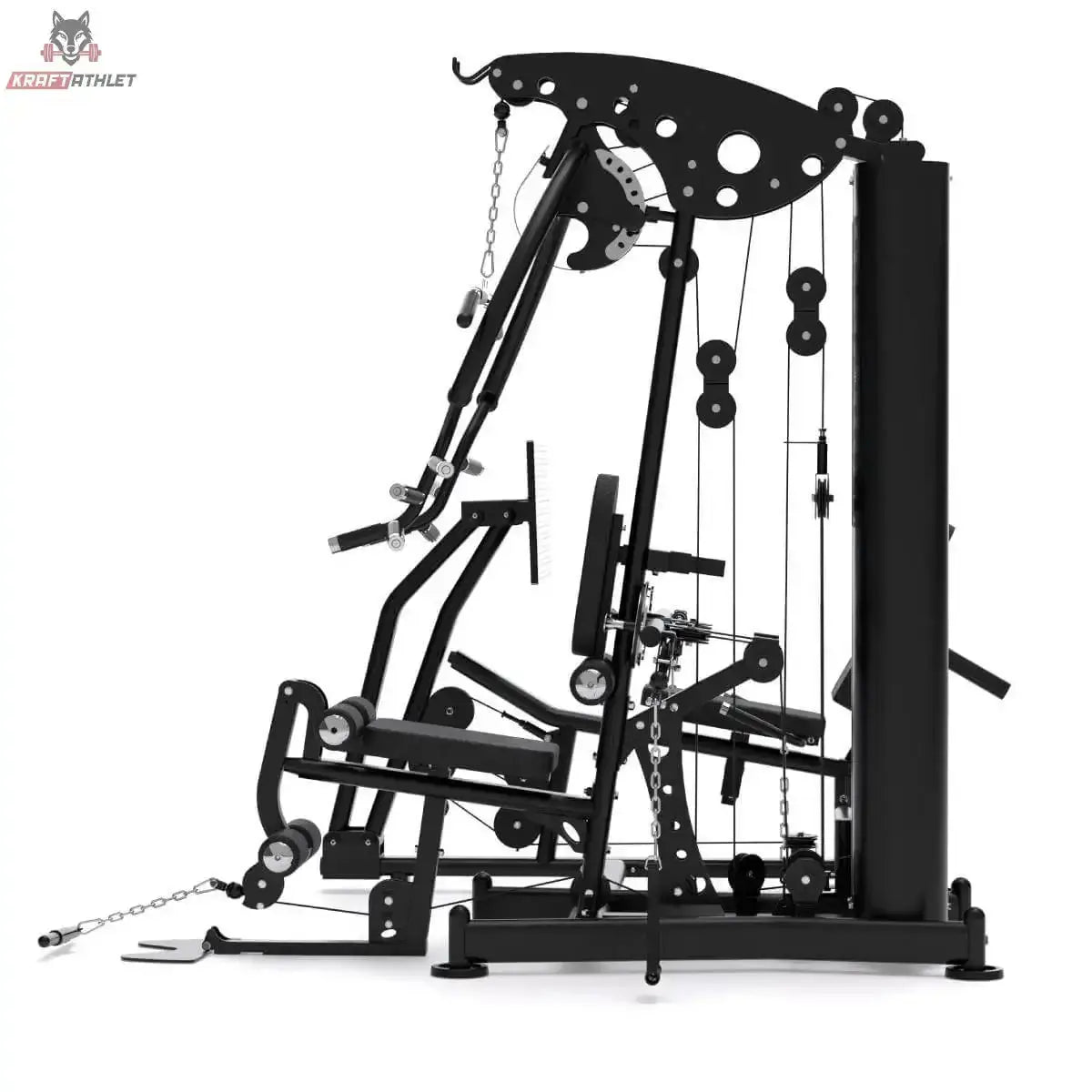 Titanium Strength Multigym MG3L mit Beinpresse in Schrägansicht von hinten mit Kabelführung