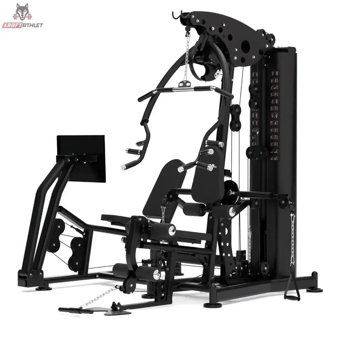 Titanium Strength Multigym MG3L mit Beinpresse in Schrägansicht mit Sitz, Butterfly-Armen und Gewichtsstapel