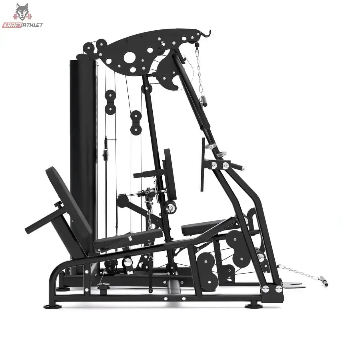 Titanium Strength Multigym MG3L mit Beinpresse in Seitenansicht mit Umlenkrollen und Beinpressplatte