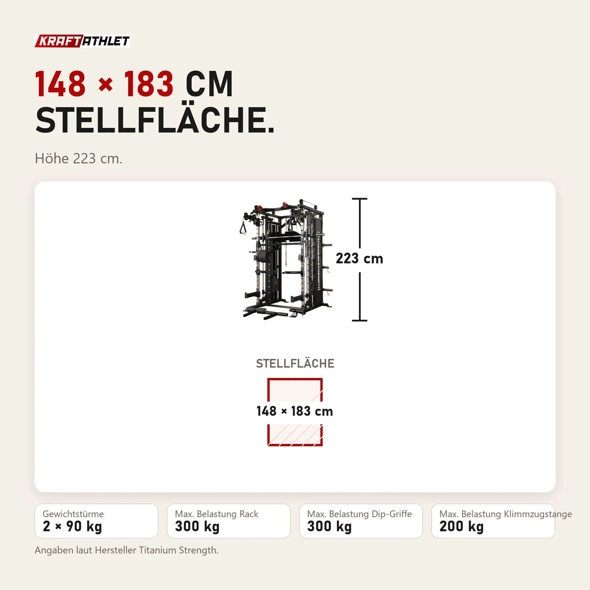 Maßbild Titanium Strength MX90 All-in-One Trainer: Stellfläche 148 × 183 cm, Höhe 223 cm
