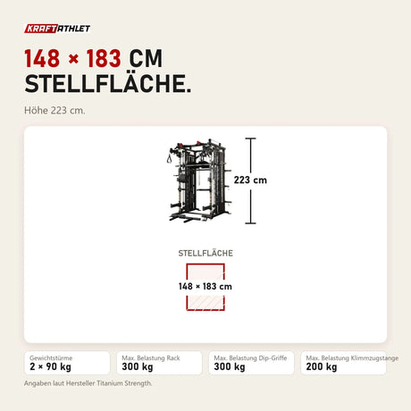 Maßbild Titanium Strength MX90 All-in-One Trainer: Stellfläche 148 × 183 cm, Höhe 223 cm