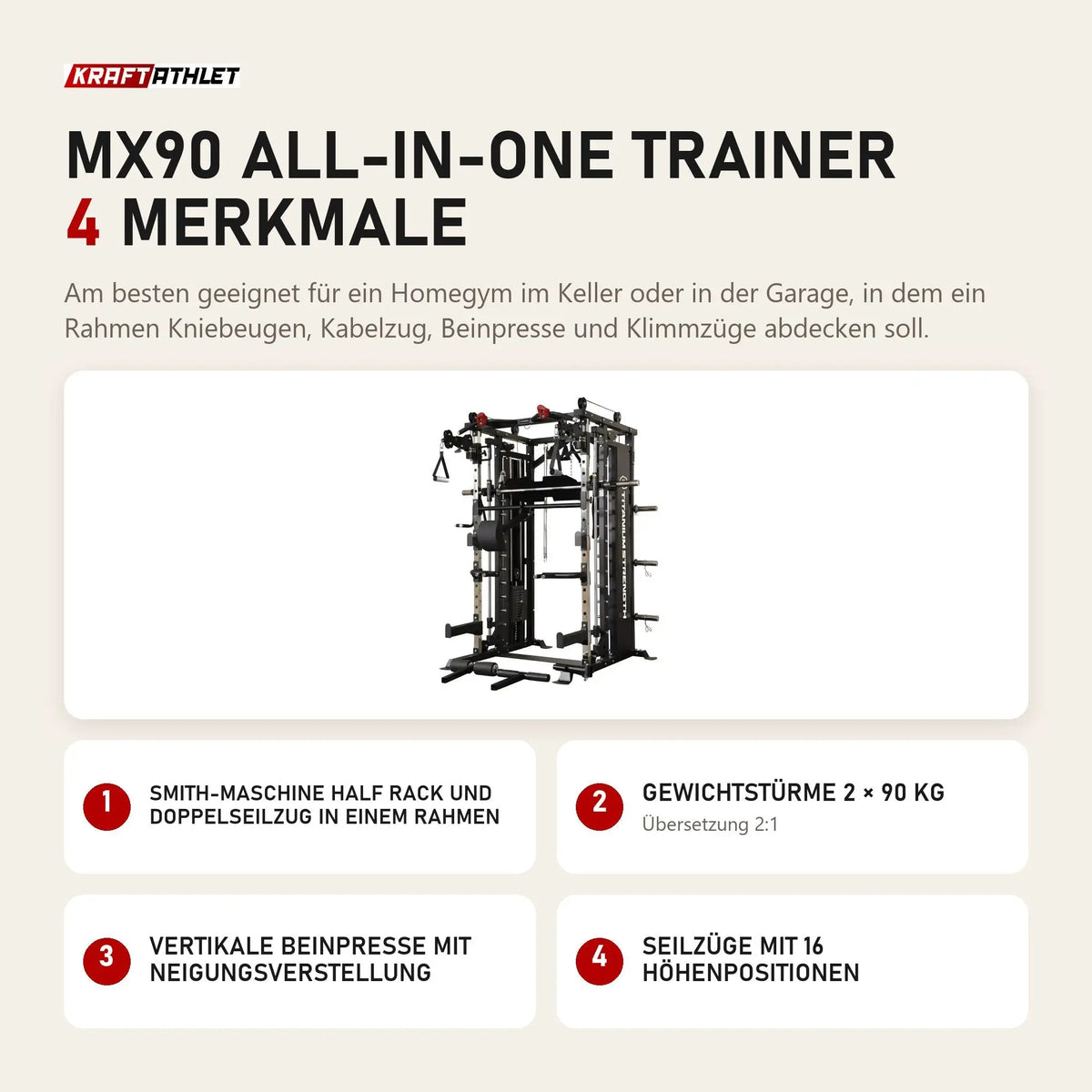 Titanium Strength MX90 All-in-One Trainer mit 4 Merkmalen: Smith-Maschine Half Rack und Doppelseilzug in einem Rahmen, Gewichtstürme 2 × 90 kg, Vertikale Beinpresse mit Neigungsverstellung, Seilzüge mit 16 Höhenpositionen