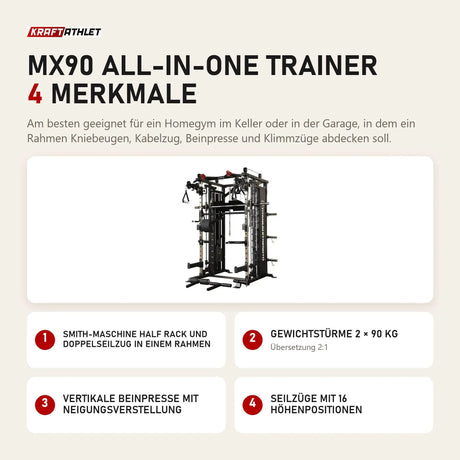Titanium Strength MX90 All-in-One Trainer mit 4 Merkmalen: Smith-Maschine Half Rack und Doppelseilzug in einem Rahmen, Gewichtstürme 2 × 90 kg, Vertikale Beinpresse mit Neigungsverstellung, Seilzüge mit 16 Höhenpositionen