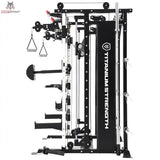 Titanium Strength MX90 All-in-One Trainer, Seitenansicht mit Gewichtsturm und Hantelablagen