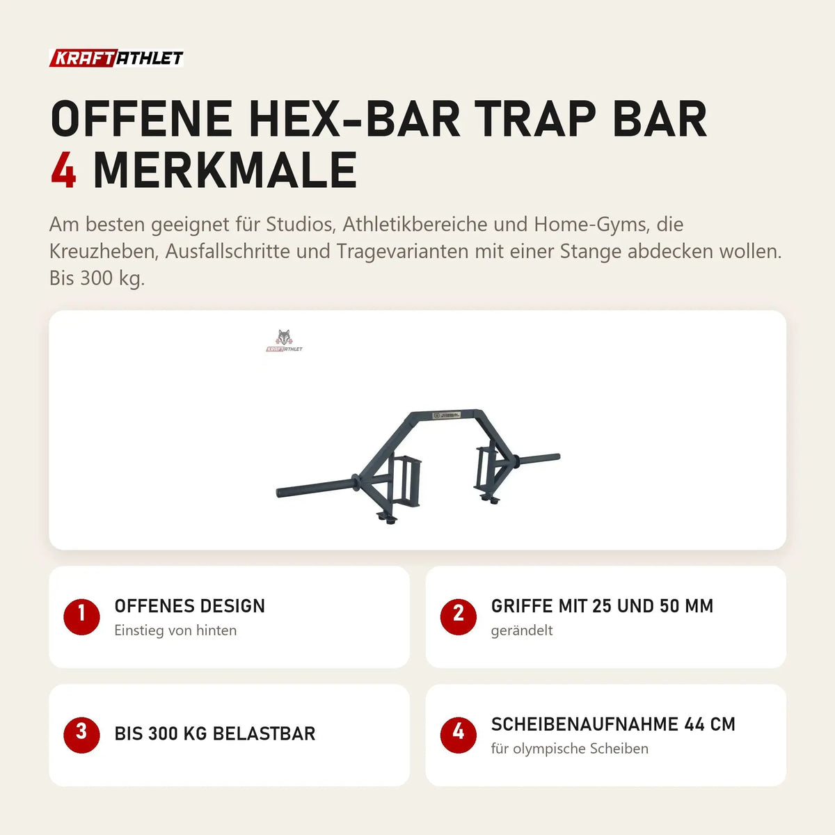 Titanium Strength Offene Hex-Bar Trap Bar mit 4 Merkmalen: Offenes Design, Griffe mit 25 und 50 mm, Bis 300 kg belastbar, Scheibenaufnahme 44 cm