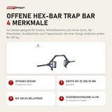 Titanium Strength Offene Hex-Bar Trap Bar mit 4 Merkmalen: Offenes Design, Griffe mit 25 und 50 mm, Bis 300 kg belastbar, Scheibenaufnahme 44 cm
