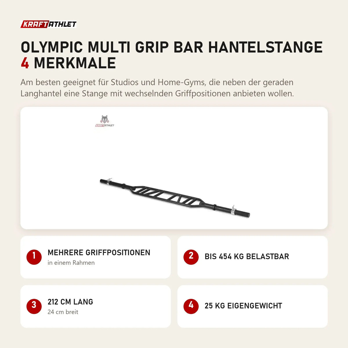 Titanium Strength Olympic Multi Grip Bar Hantelstange mit 4 Merkmalen: Mehrere Griffpositionen, Bis 454 kg belastbar, 212 cm lang, 25 kg Eigengewicht