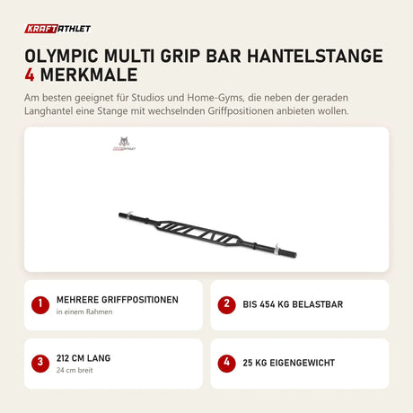 Titanium Strength Olympic Multi Grip Bar Hantelstange mit 4 Merkmalen: Mehrere Griffpositionen, Bis 454 kg belastbar, 212 cm lang, 25 kg Eigengewicht