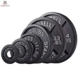 Titanium Strength Olympische Hantelscheiben Gusseisen 1,25–25 kg: Satz schwarzer Scheiben verschiedener Größen hintereinander