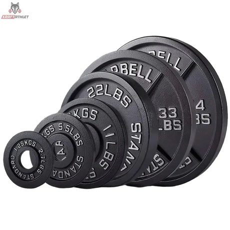 Titanium Strength Olympische Hantelscheiben Gusseisen 1,25–25 kg: Satz schwarzer Scheiben verschiedener Größen hintereinander