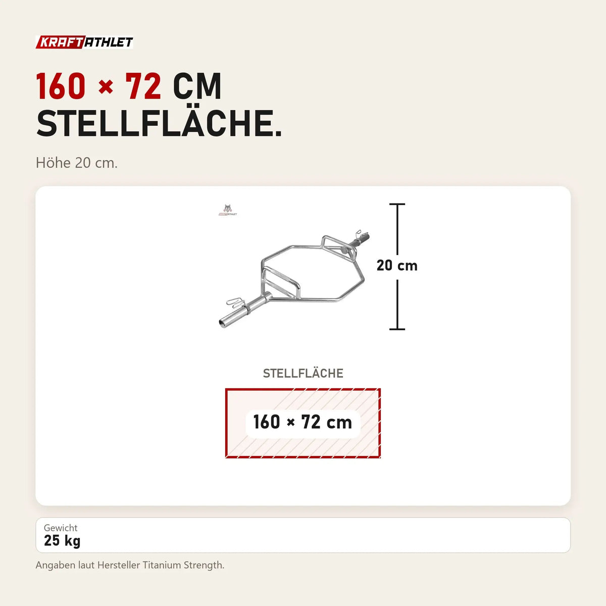 Maßbild Titanium Strength Olympische Trap Bar Hex-Stange: Stellfläche 160 × 72 cm, Höhe 20 cm