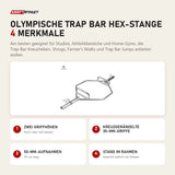 Titanium Strength Olympische Trap Bar Hex-Stange mit 4 Merkmalen: Zwei Griffhöhen, Kreuzgerändelte 30-mm-Griffe, 50-mm-Aufnahmen, Stand im Rahmen
