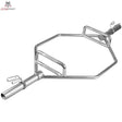Titanium Strength Olympische Trap Bar Hex-Stange, Schrägansicht der verchromten Hex-Stange mit Hantelaufnahmen