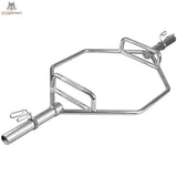 Titanium Strength Olympische Trap Bar Hex-Stange, Schrägansicht der verchromten Hex-Stange mit Hantelaufnahmen