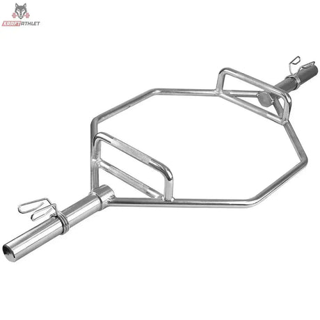 Titanium Strength Olympische Trap Bar Hex-Stange, Schrägansicht der verchromten Hex-Stange mit Hantelaufnahmen