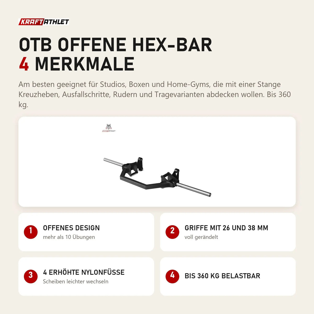 Titanium Strength OTB Offene Hex-Bar mit 4 Merkmalen: Offenes Design, Griffe mit 26 und 38 mm, 4 erhöhte Nylonfüße, Bis 360 kg belastbar